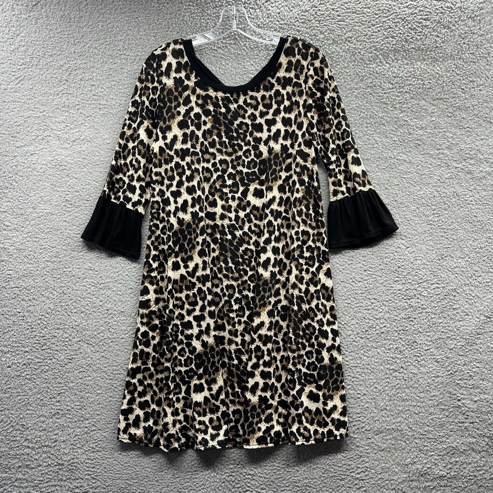 Celeste Baby Doll Dress Women's Size M Leopard Print Fluttered 3/4 Sleeve Dress